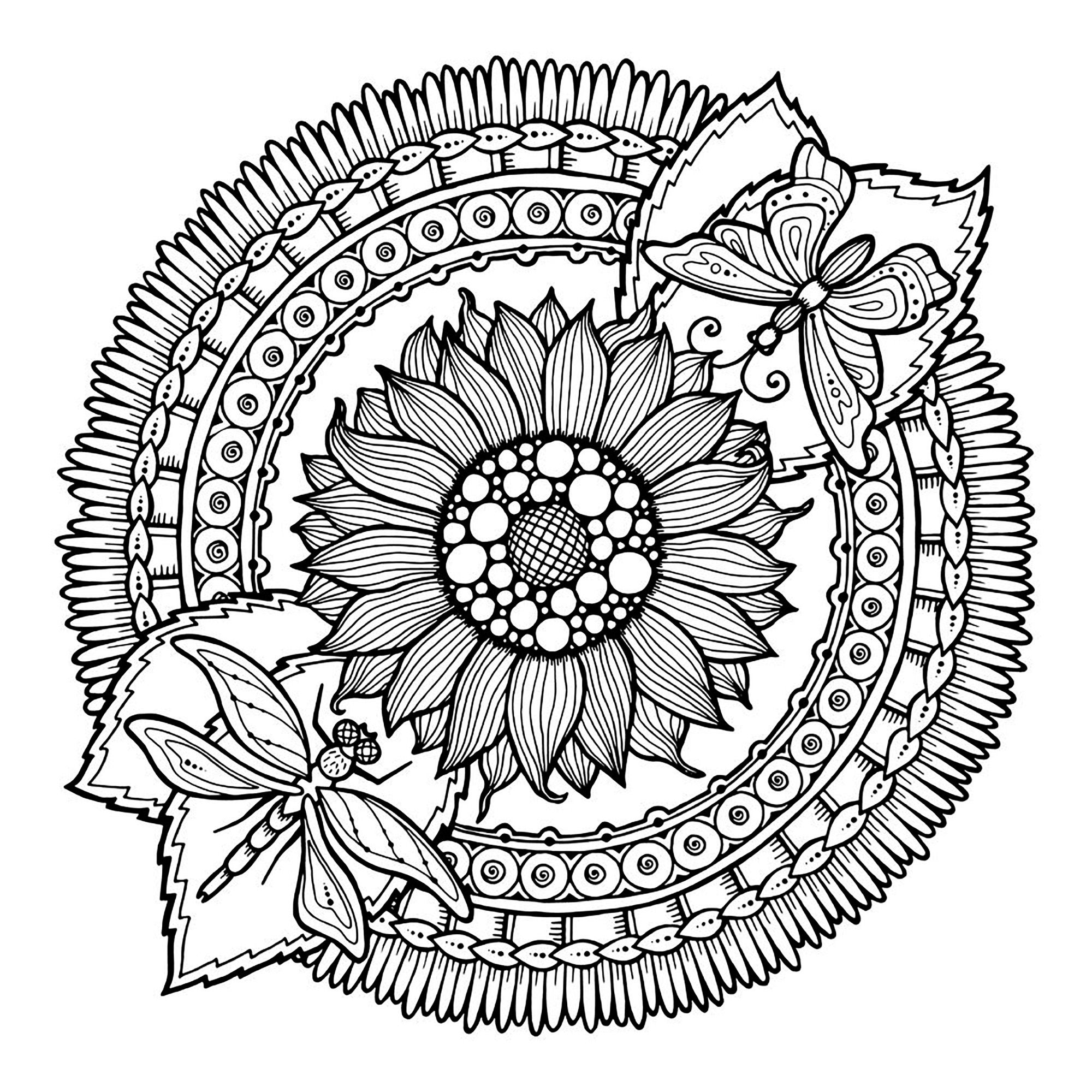 Sunflower and Butterflies ... Just beauty and harmony. Prepare your pens and pencils to color this Mandala full of small details and intricate areas. Feel free to let your instincts decide where to color, and what colors to choose.