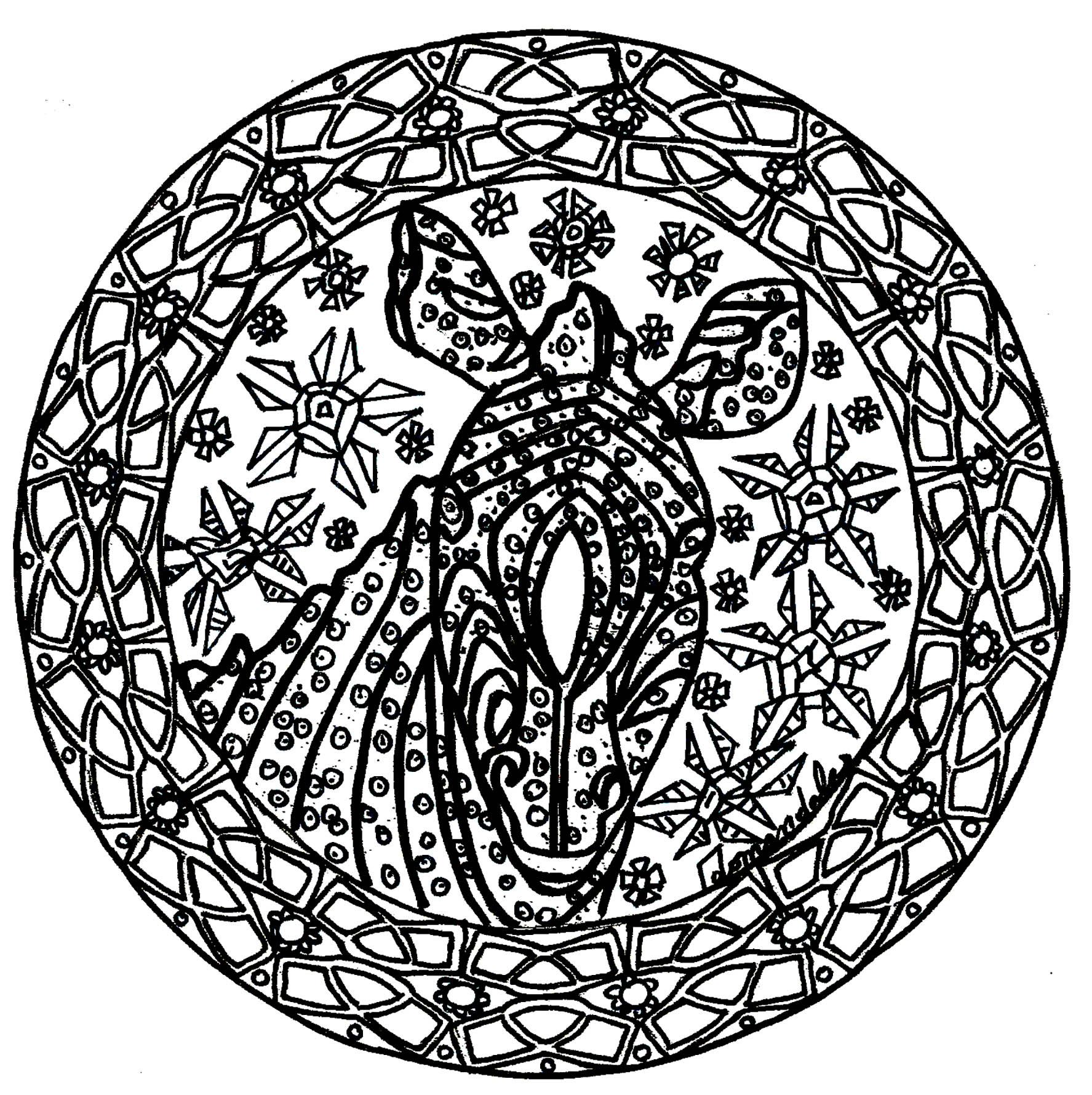 Prepare your pens and pencils to color this Mandala full of small details and intricate areas. Feel free to let your instincts decide where to color, and what colors to choose. Prepare your pens and pencils to color this Mandala full of small details and intricate areas. Feel free to let your instincts decide where to color, and what colors to choose.