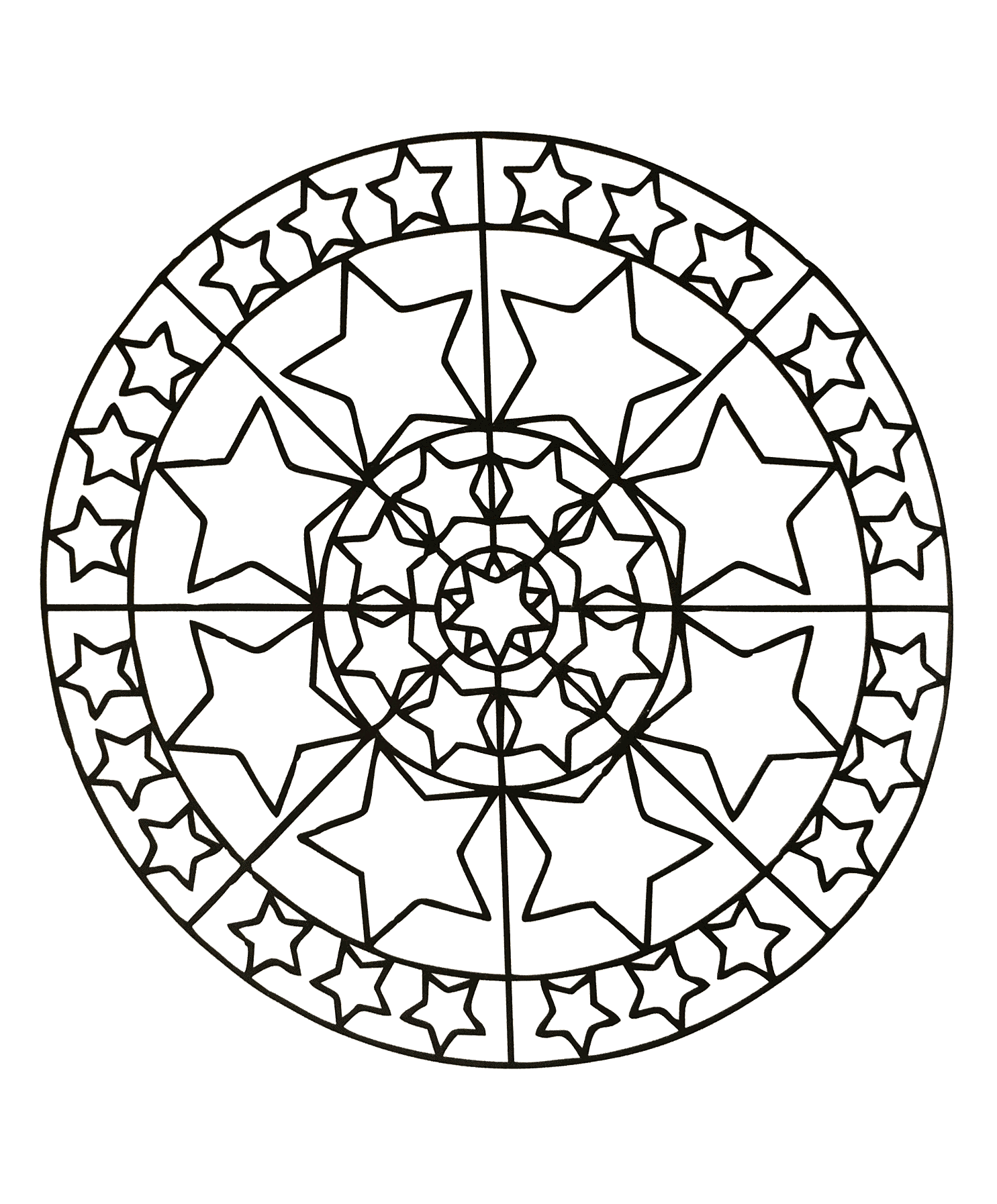 A Mandala coloring page with elegant and symmetrical stars, perfect if you like Anti-stress coloring pages, and if you like to express your creativity.