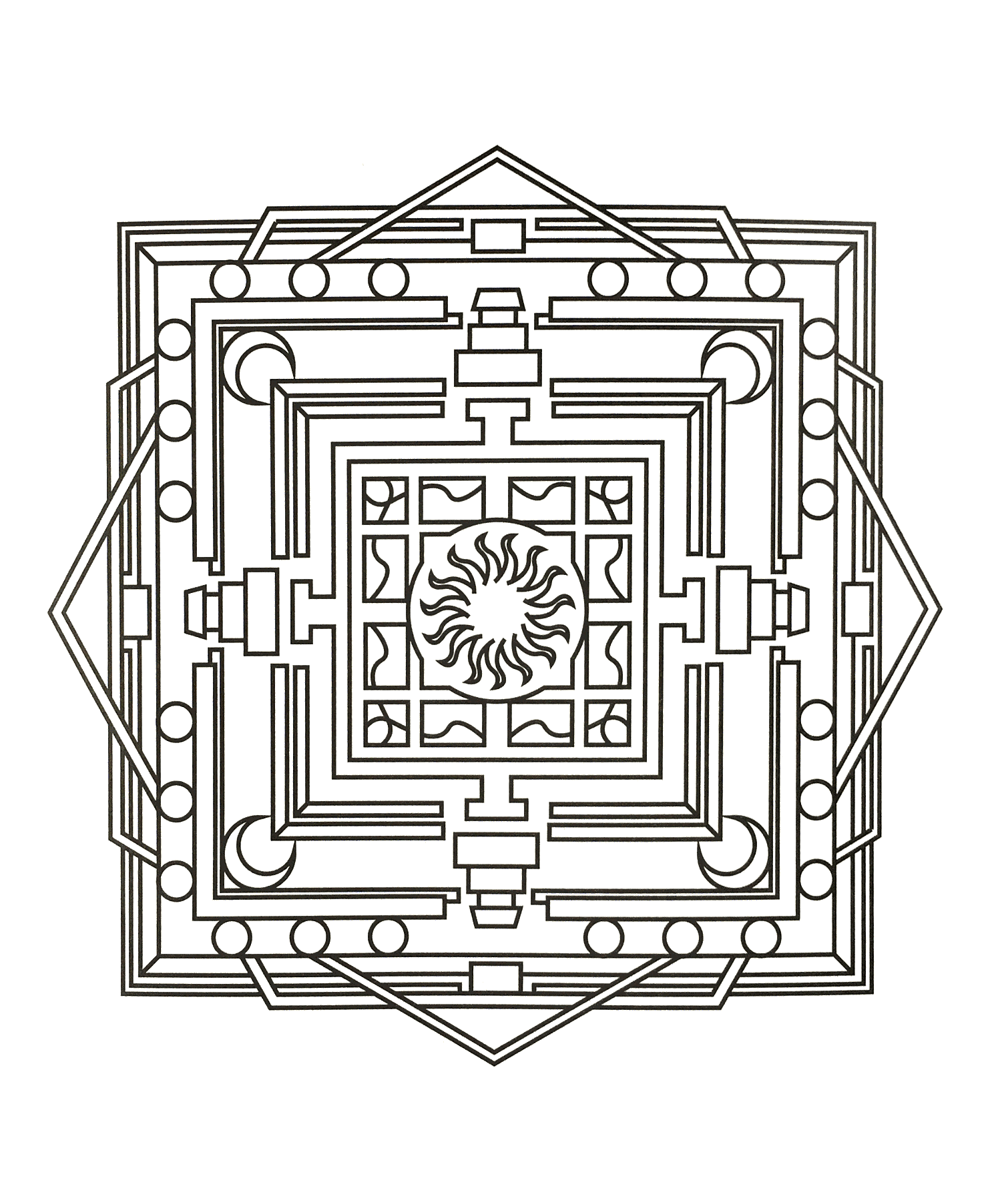 A Mandala quite difficult to color, perfect if you like to color small areas, and if you like various details. Did you know ? Mandalas first gained their popularity amongst the Hindus and the Buddhist religion.