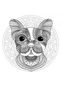 Complex Mandala coloring page with cute little dog head - 1