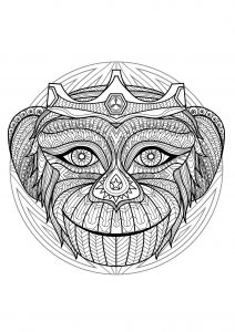 Complex Mandala coloring page with Monkey head - 2