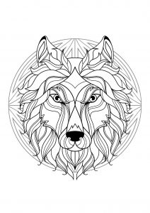 Complex Mandala coloring page with wolf head   1