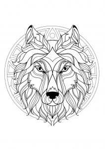 Complex Mandala coloring page with wolf head   3