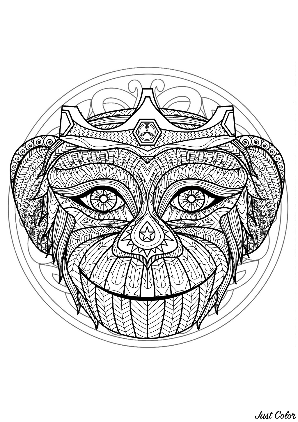 Monkey head in a difficult Mandala. Prepare your pens and pencils to color this Mandala full of small details and intricate areas. Feel free to let your instincts decide where to color, and what colors to choose.