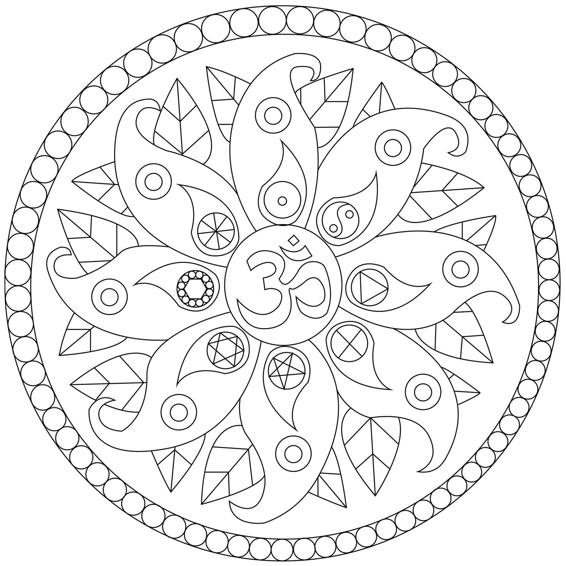 Simple Mandala with vegetal elements and various symbols : Om, Yin and Yang ... A coloring page very inspiring
