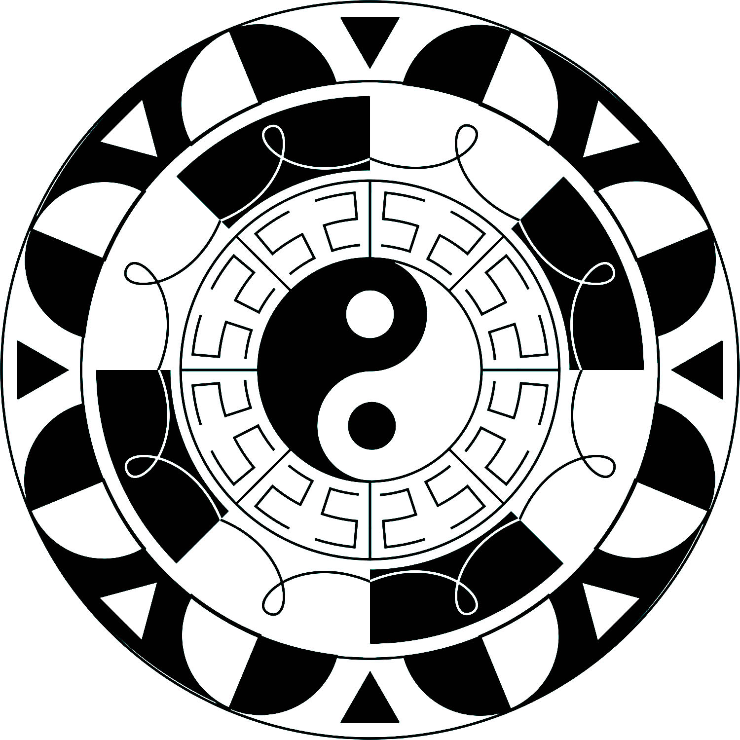 Simple Mandala with black & white elements, and the symbol Yin & Yang in the middle