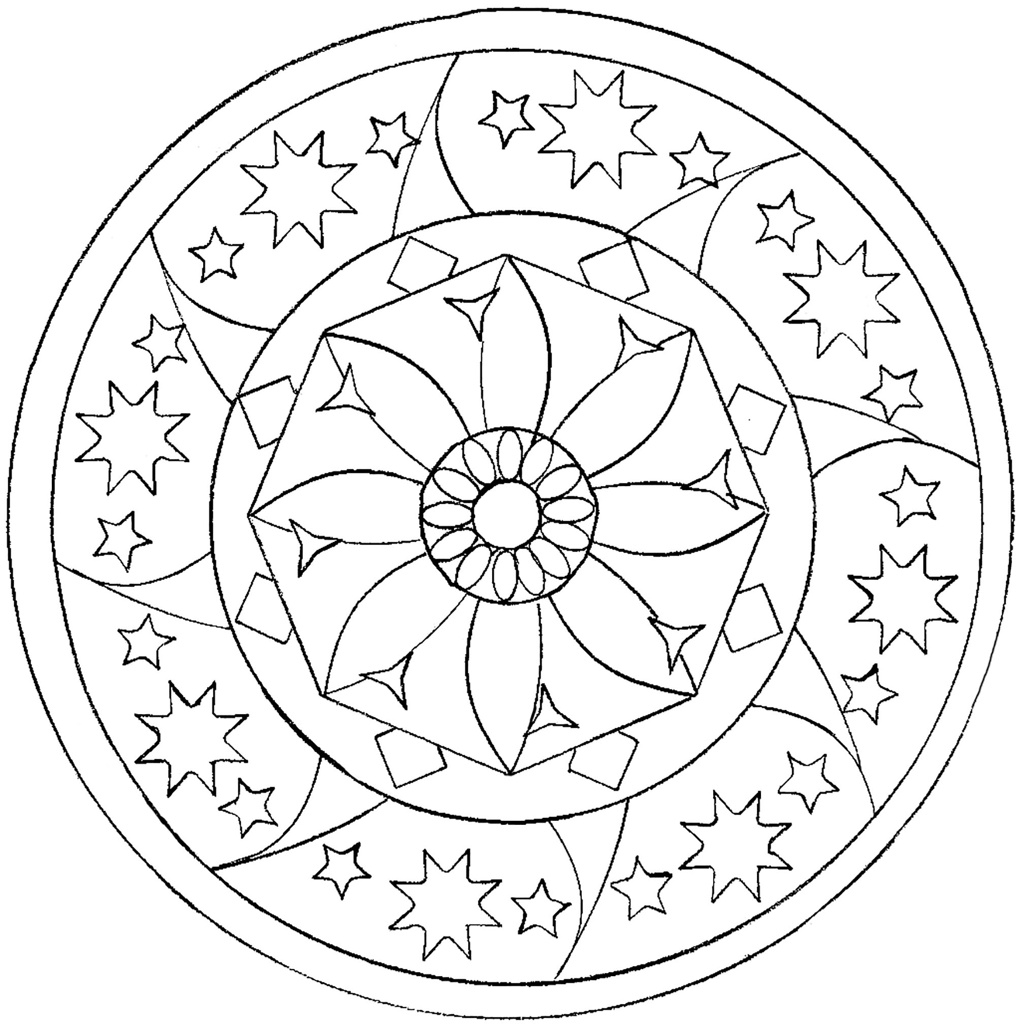 Download Mandala coloring page with stars and big flower - Easy ...