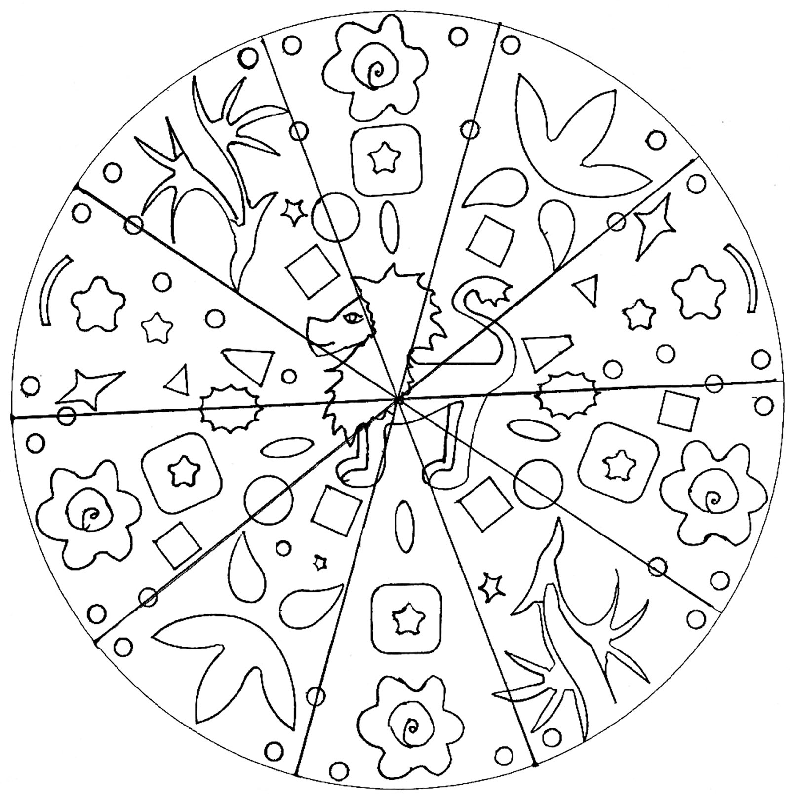 A Mandala coloring page easy to color, perfect for kids, with big areas to color. Children can color the shapes and figures anyway they like. It also gives your kids a sense of accomplishment when he finishes coloring a page.