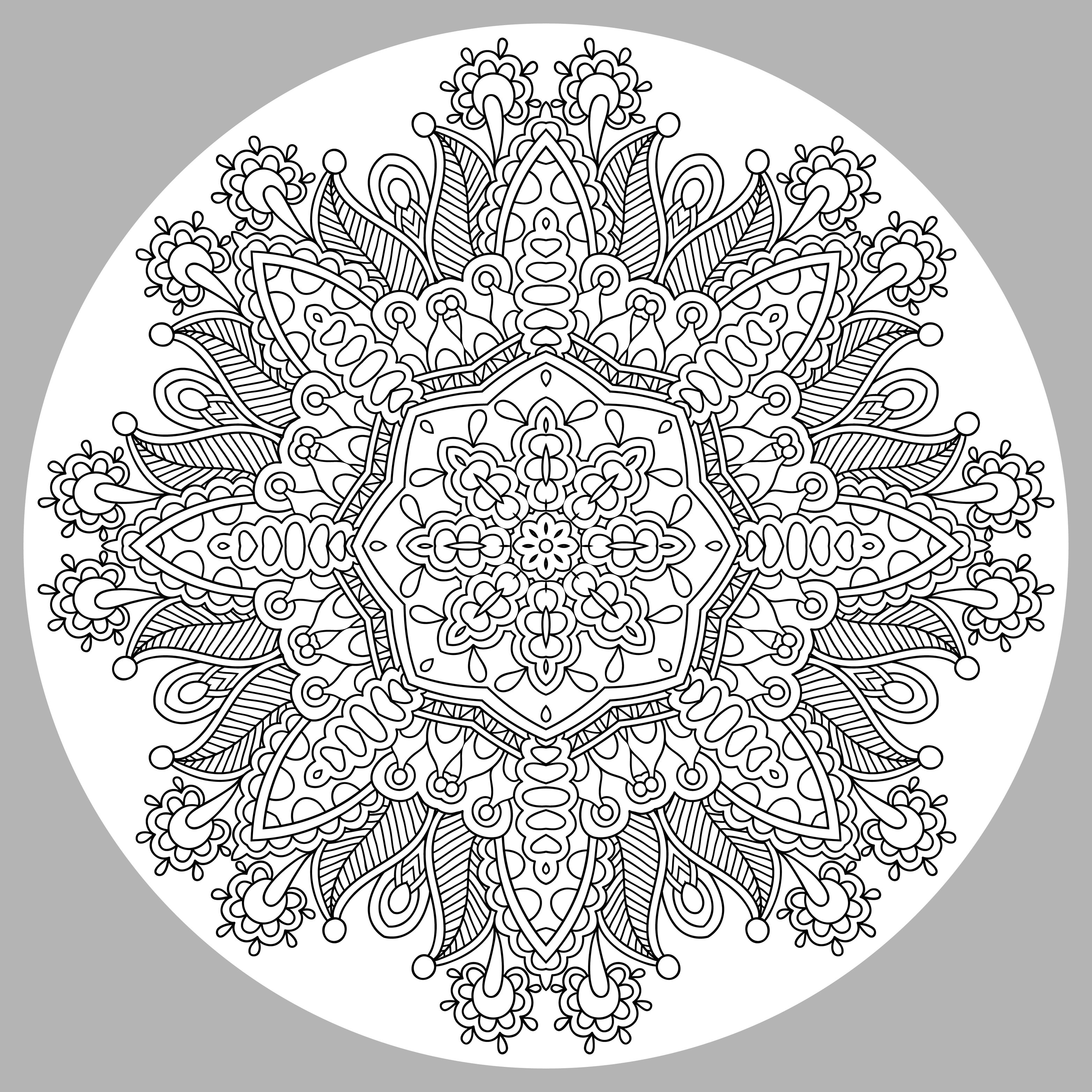 Mandala drawing with little vegetal elements, by Karakotsya. The vegetal elements often marry very well with the Mandalas, discover it with this incredible Mandala. You must clear your mind and allow yourself to forget all your worries and responsibilities.