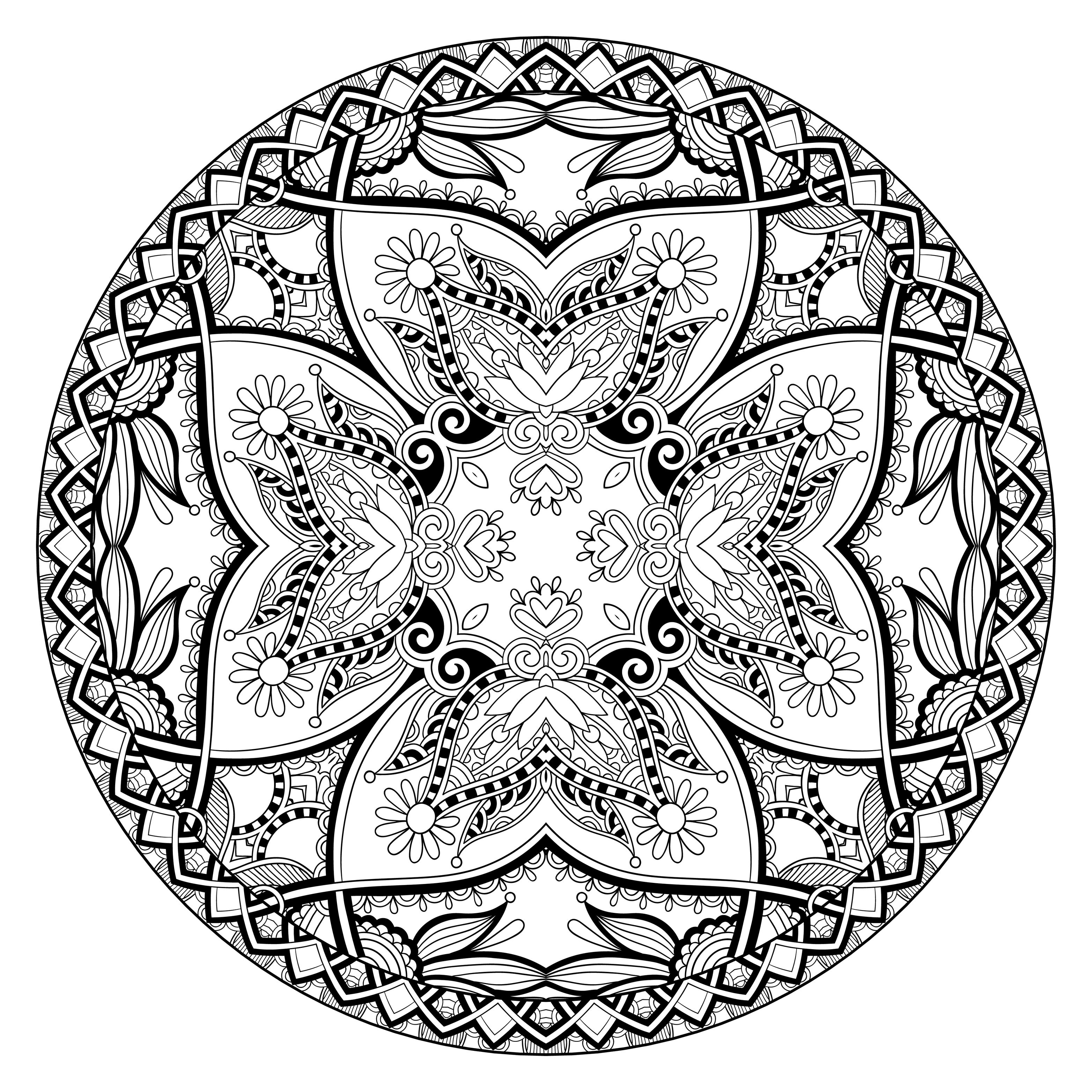 Very complex Mandala drawing inspired by vegetal elements, by Karakotsya. A luxuriant vegetation invades this magnificent Mandala, give it life without delay. Do whatever it takes to get rid of any distractions that may interfere with your coloring.