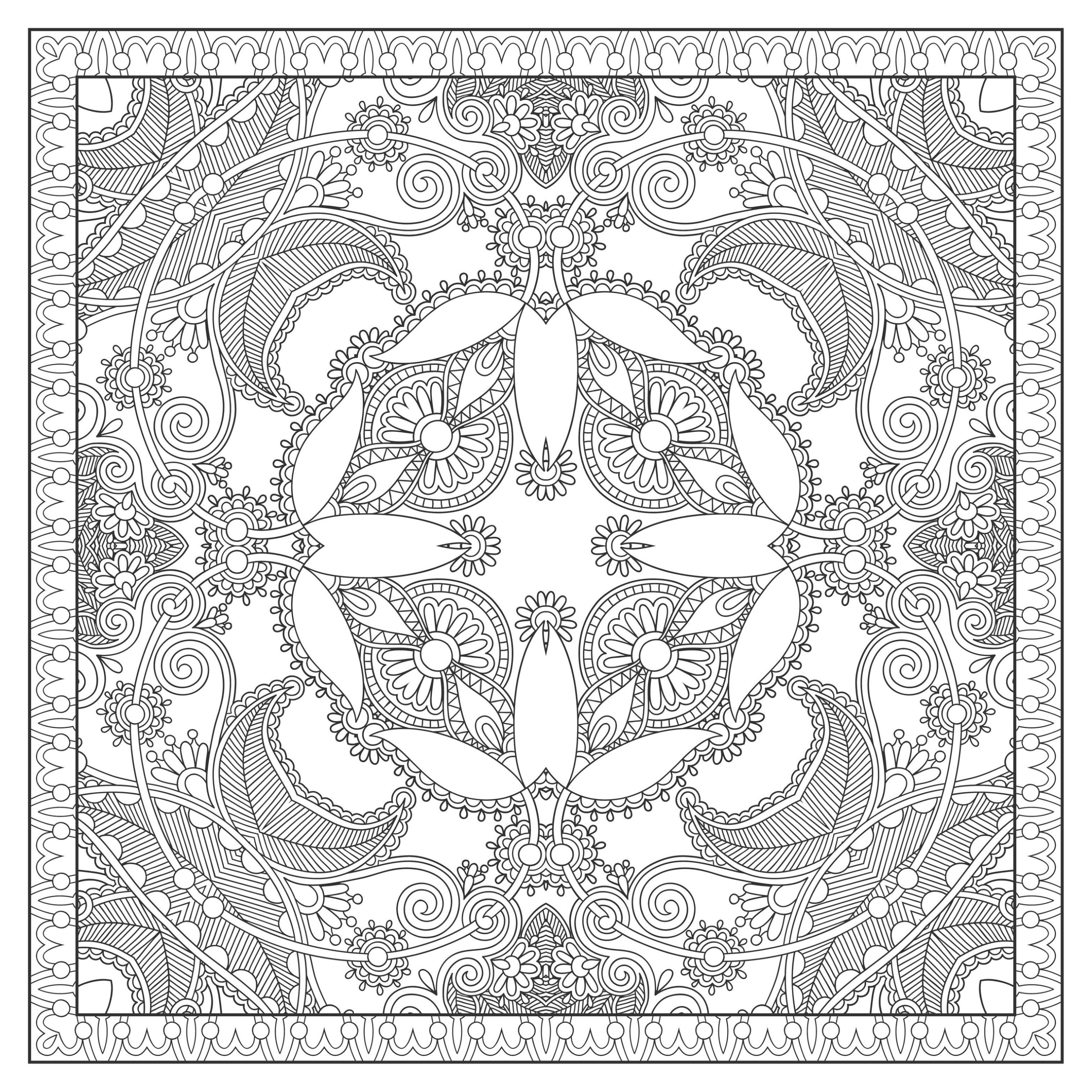 Difficult Square Mandala drawing inspired by nature, by Karakotsya. In this Mandala, the vegetal world is perfectly integrated. Print it for free and color it ! You must clear your mind and allow yourself to forget all your worries and responsibilities.