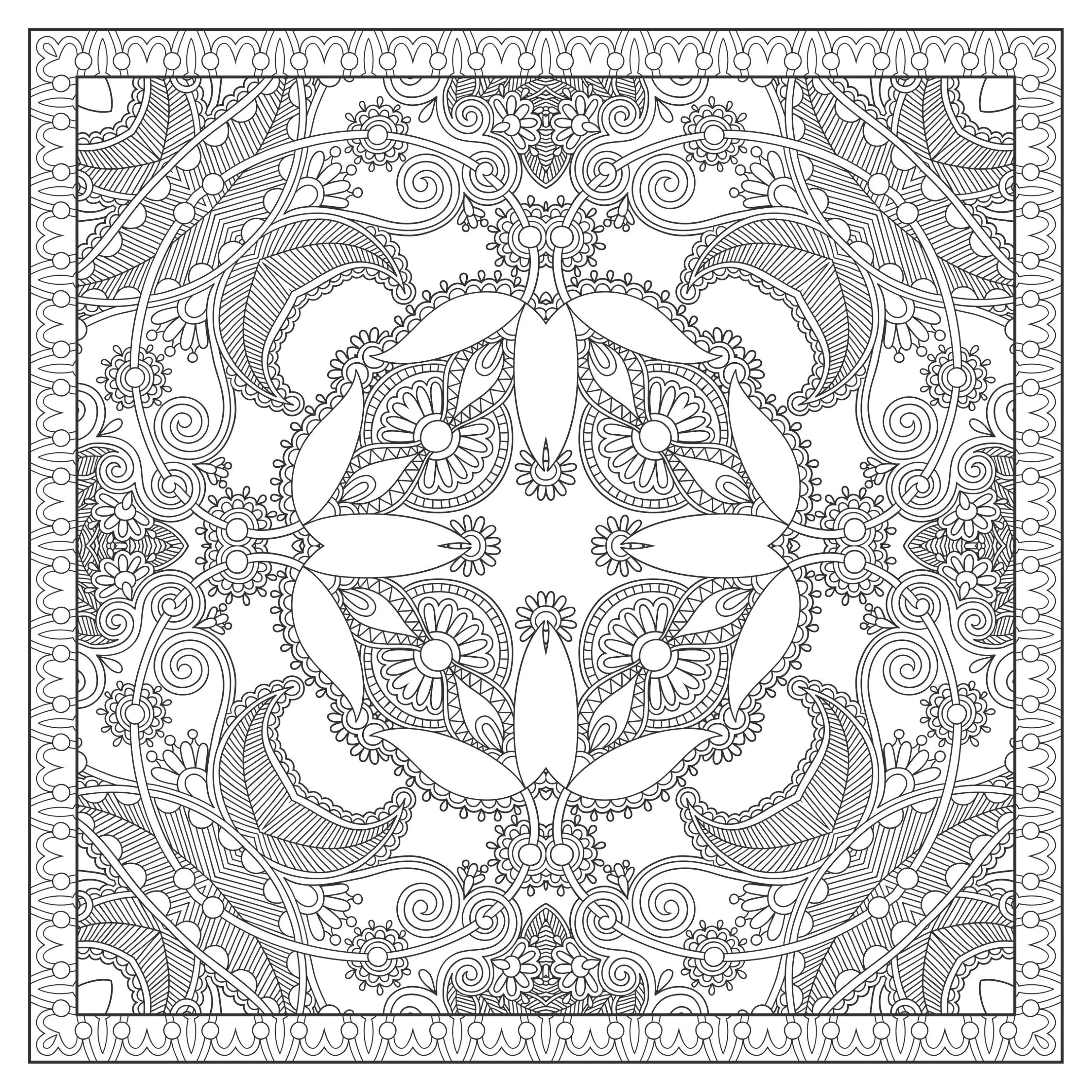 Very difficult Mandala in a square (Mandalas with Flowers & vegetation)
