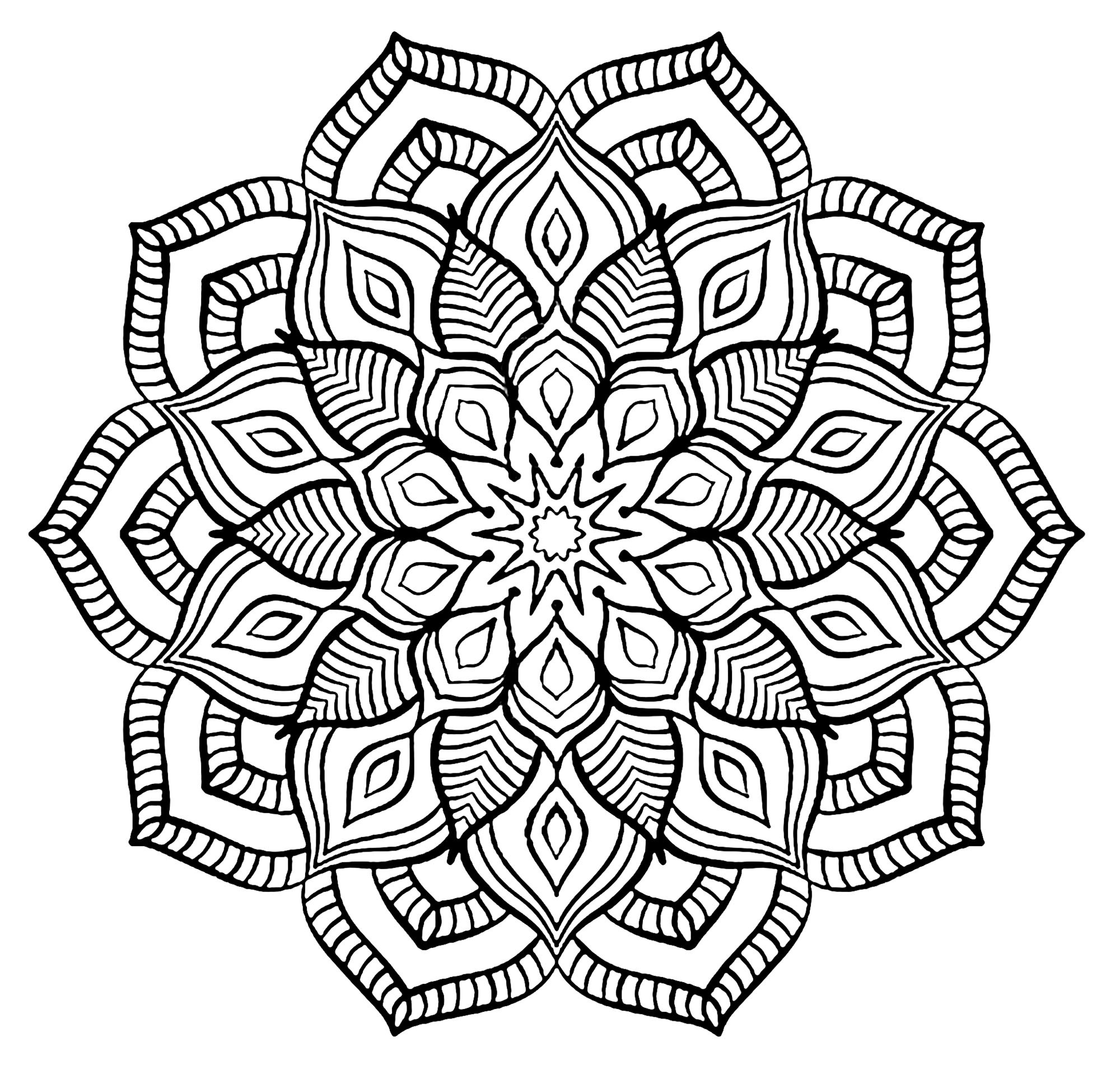Big flower. Prepare your most beautiful shades of green and other colors to color this beautiful and exclusive coloring page, special for lovers of Mandalas and Nature ! Large and harmonious lines.