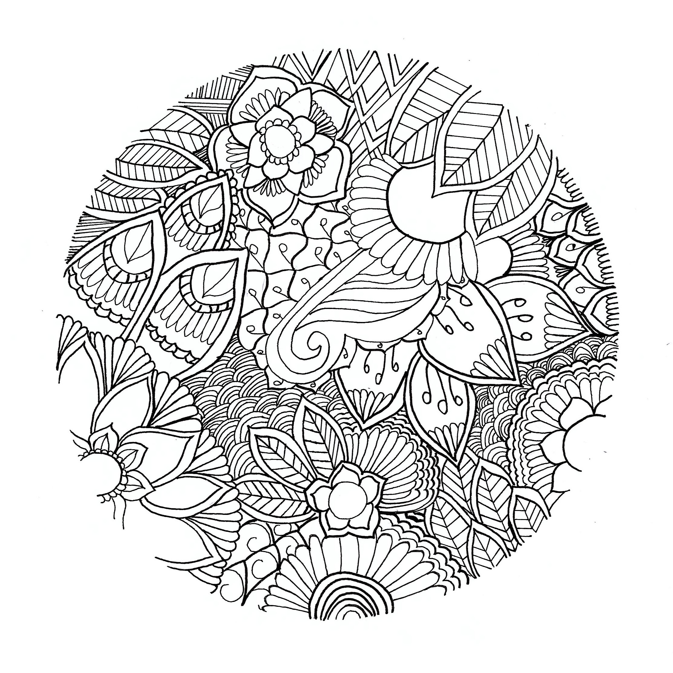 Flowers forming a circle, without border. You can print it for free ! So enjoy ! It can sometimes be even more relaxing when coloring and passively listening to music : don't hesitate to do it !