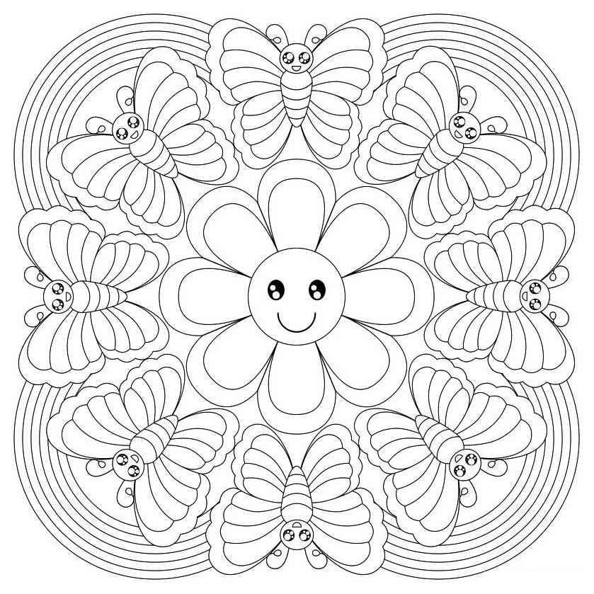 The plant elements often marry very well with the Mandalas, it is the case with this coloring page of a great originality, with a smiling flower and cute butterflies.