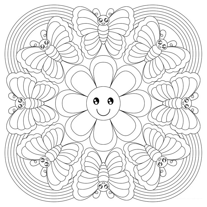 The plant elements often marry very well with the Mandalas, it is the case with this coloring page of a great originality, with a smiling flower and cute butterflies.