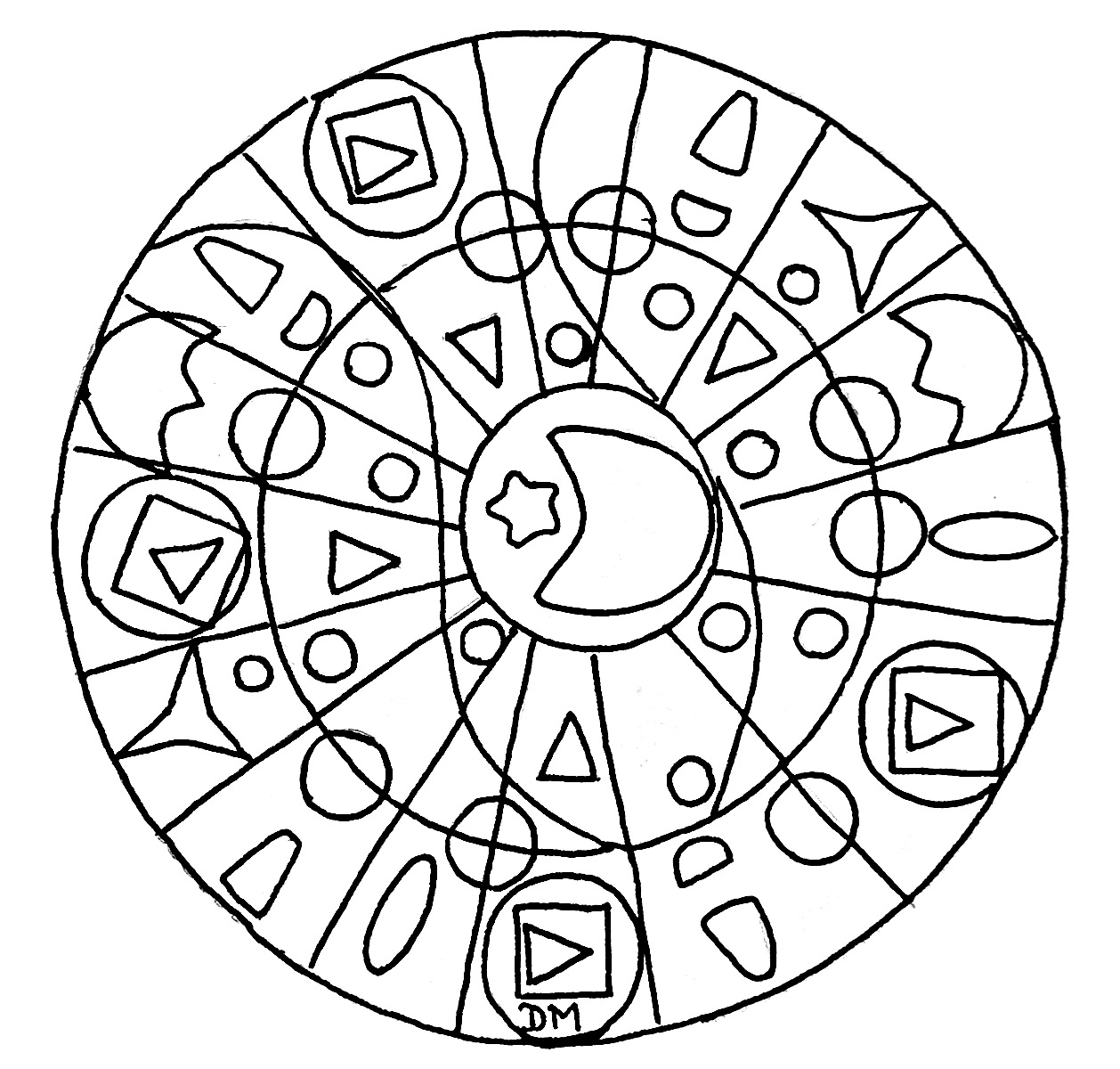 A Mandala of 'standard' difficulty level, which will be suitable for children and adults who want coloring neither too simple nor too difficult.