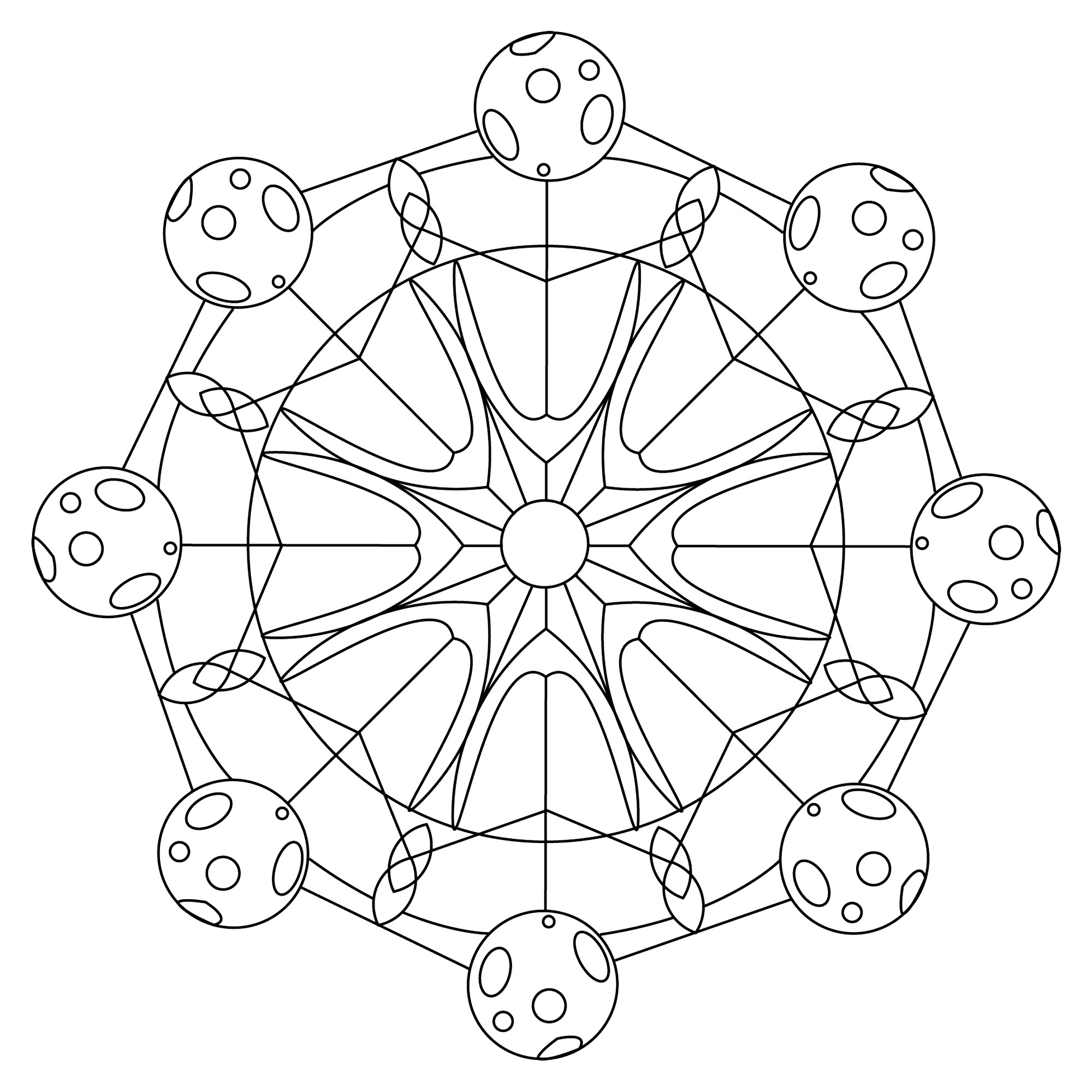 Color this mandala with symbols of the Sun and the Moon
