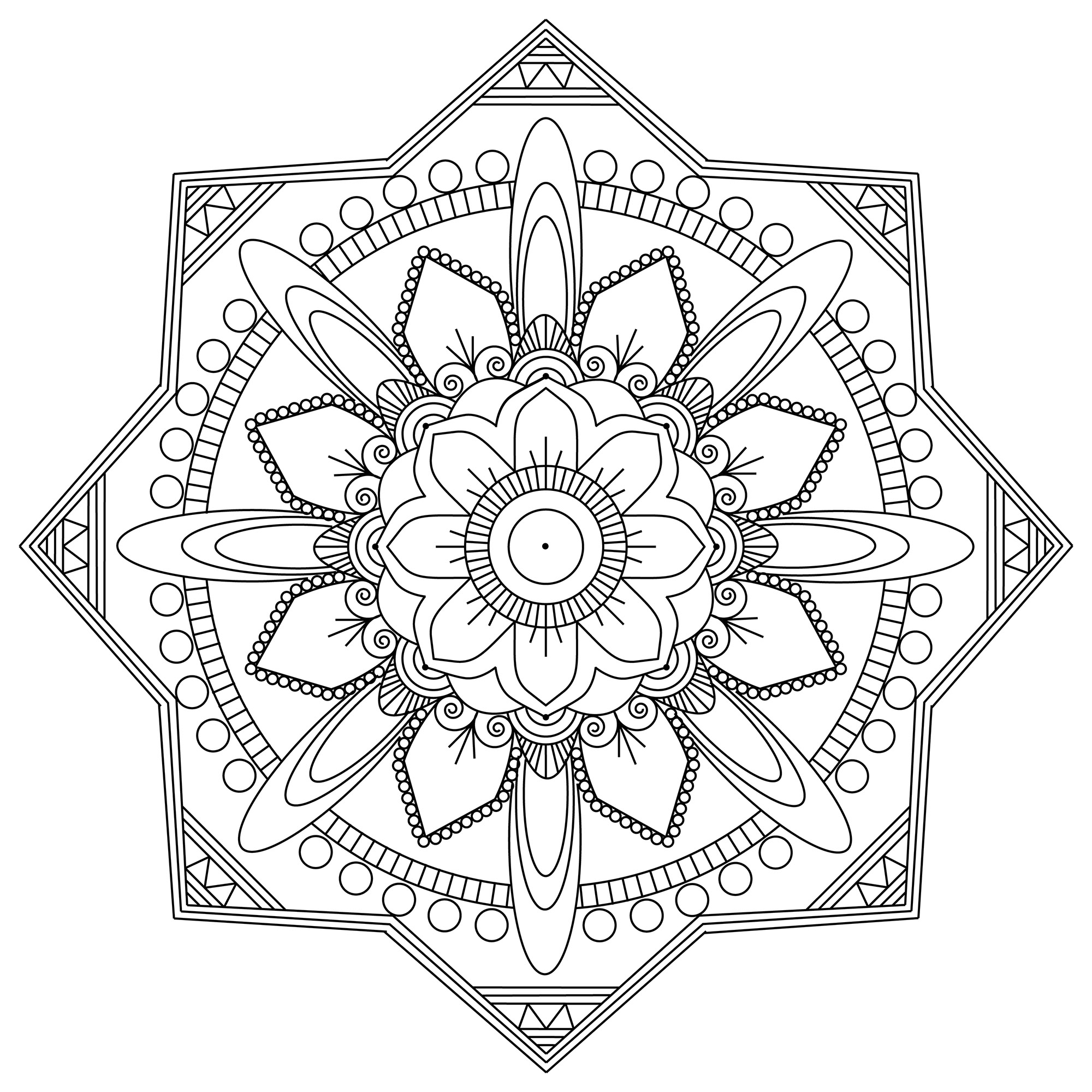 A Mandala out of the ordinary, which will allow you to spend a good time coloring, without complicating your life with too little areas, if it's not what you search for.