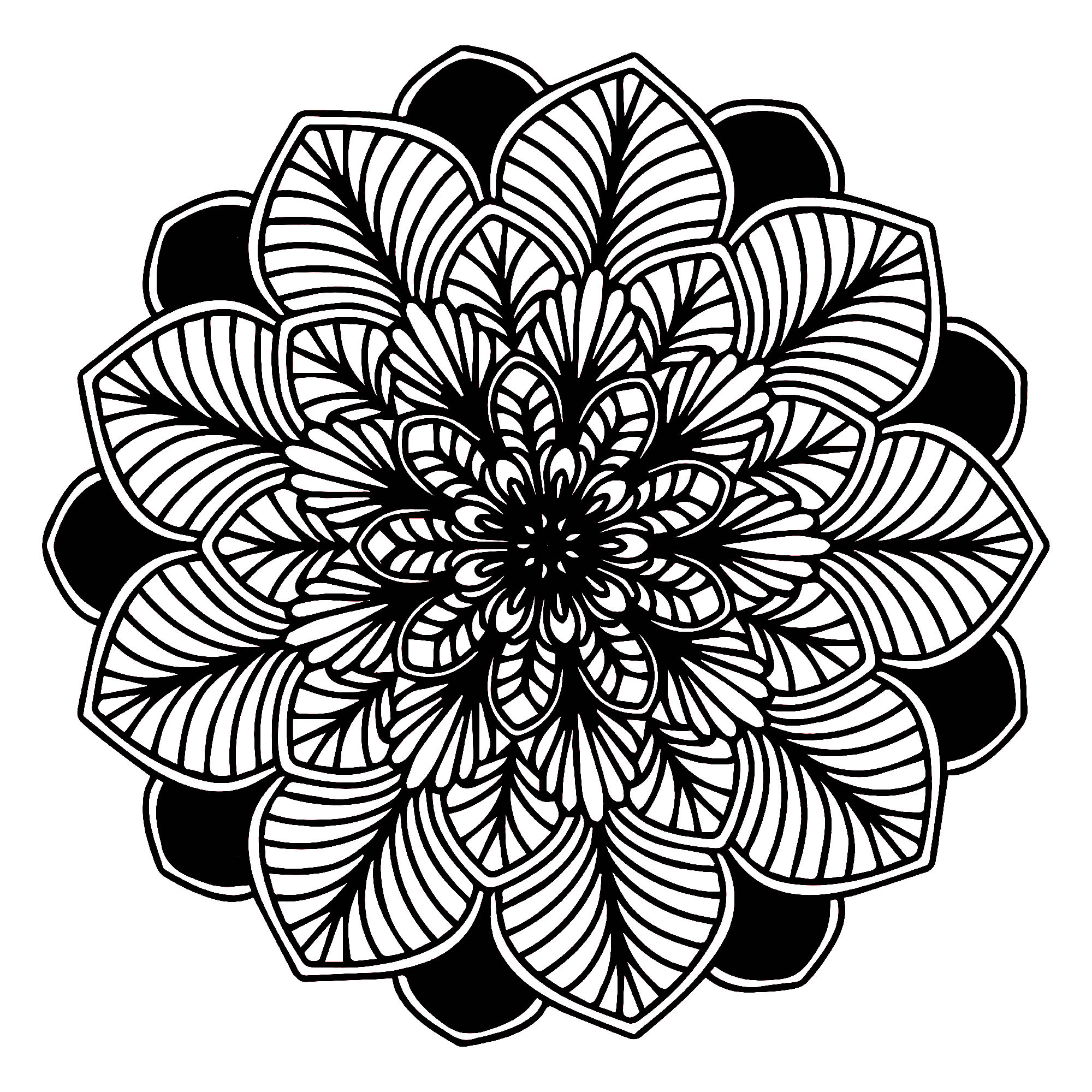 A Mandala of 'standard' difficulty level, which will be suitable for children and adults who want coloring neither too simple nor too difficult.