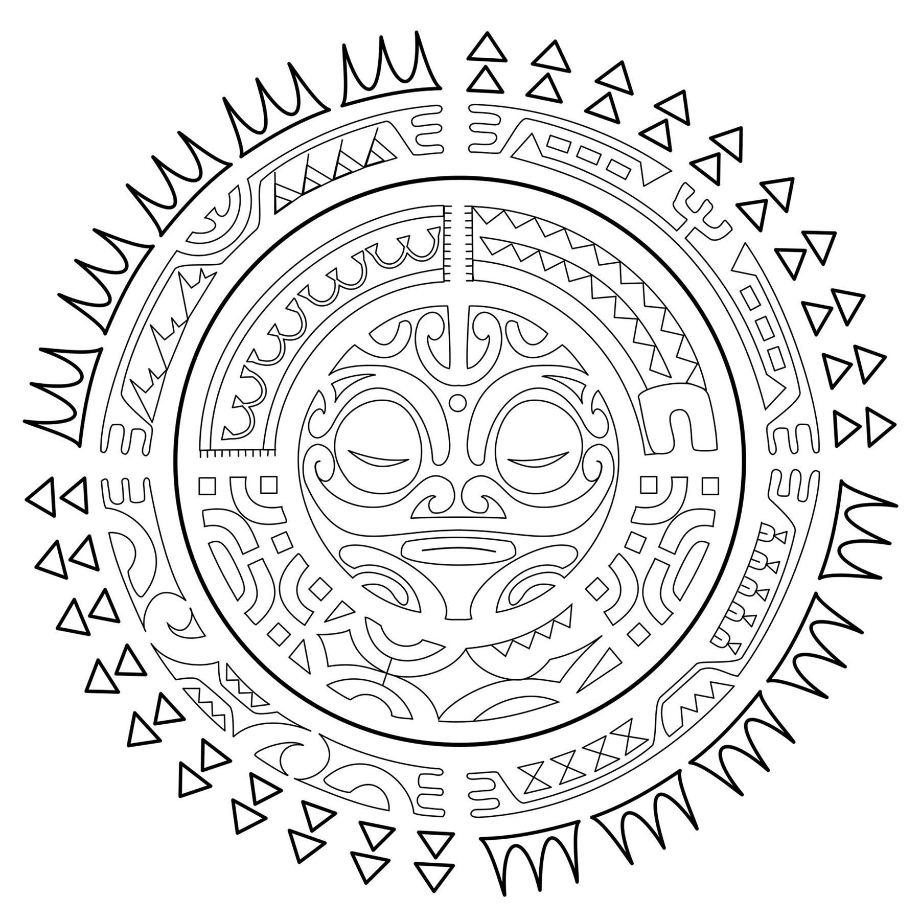 The sun is a universal symbol of eternity and life.  In Polynesian cultures it is also regarded as a symbol of health, welfare, success, joy, purity, and fertility. It’s considered a male symbol, associated with fire. The rising sun symbolizes a fresh start, new life, and growth, while the setting sun can be a symbol of rest and peace, with the continuous cycle of day and night symbolizing eternity. The sun in this tattoo is a symbol of protection, like the guardian tiki in the center of the design. The elements surrounding it represent protection from adversities (symbolized by the moray eel), cooperation, strength, and good luck in order to achieve stability, prosperity, and unity.  From the book Polynesian Tattoos: 42 Modern Tribal Designs to Color and Explore by Italian tattoo artist and author, Roberto “Gi. Erre” Gemori. Product page : www.shambhala.com/polynesian-tattoos.html Author’s website: Tattootribes.com, Artist : Roberto “Gi. Erre” Gemori