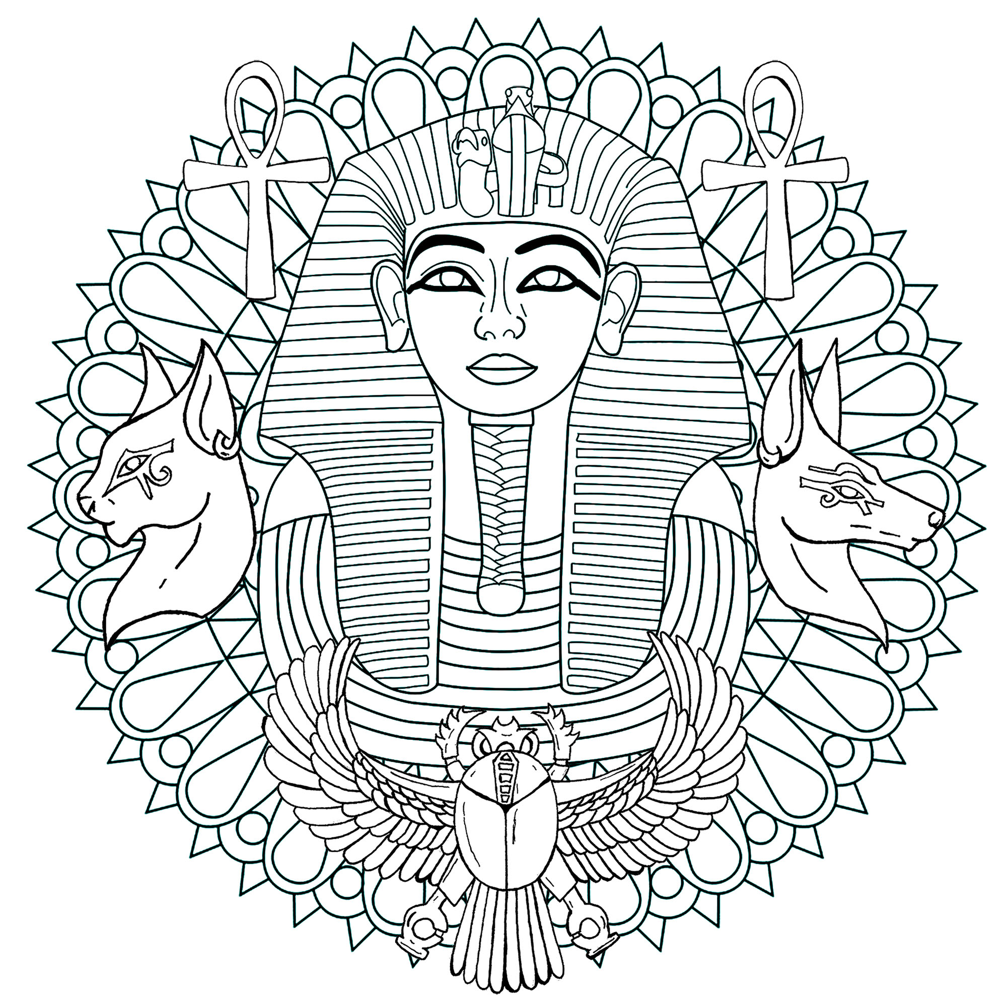 Color this Mandala with various symbols of Egypt, including the famous Mask of Tutankhamun. First version