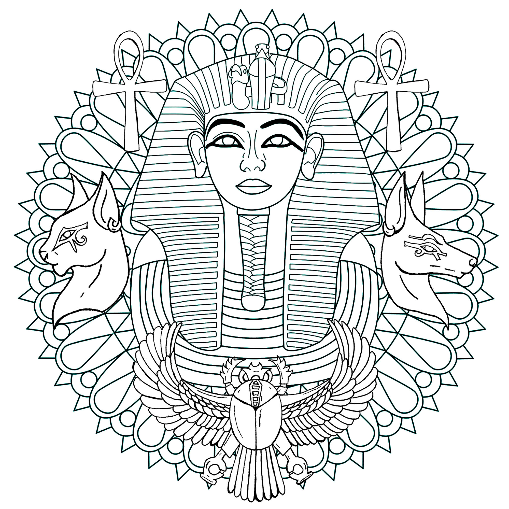 Color this Mandala with various symbols of Egypt, including the famous Mask of Tutankhamun. First version, Artist : Art'Isabelle