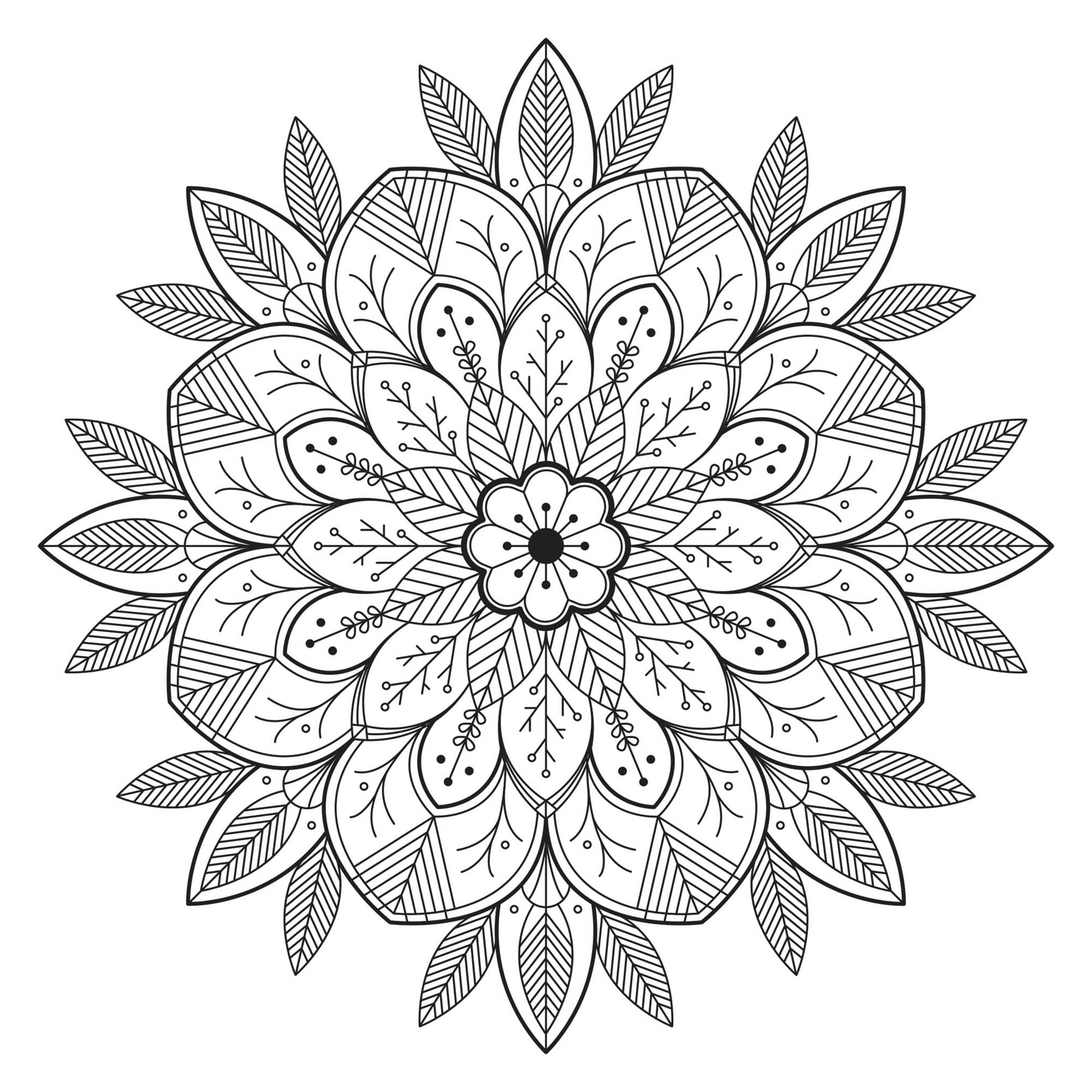 Simple Flowery and Leafy Mandala. Details relatively simple to color, for a Mandala coloring page very unique and of high quality. You must clear your mind and allow yourself to forget all your worries and responsibilities.