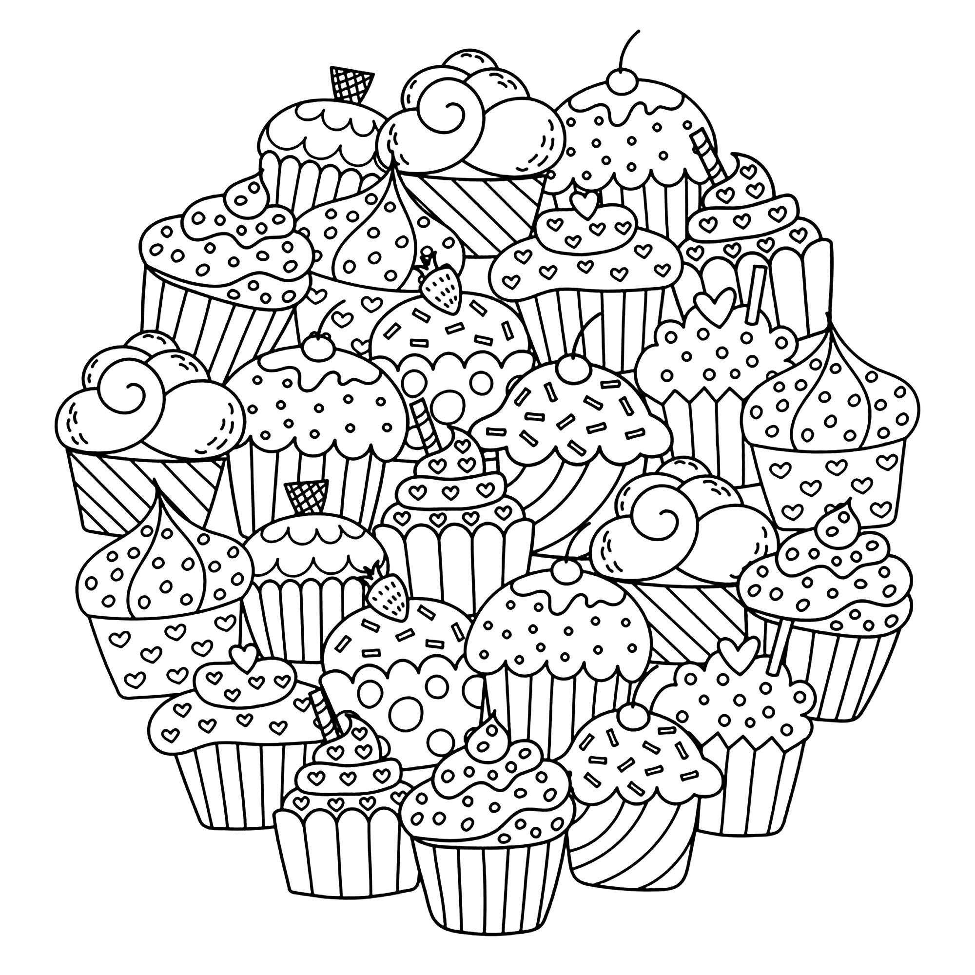 Color these delicious cupcakes composing this beautiful Mandala ... Add your favorite colors !, Artist : Gulnara Sabirova   Source : 123rf