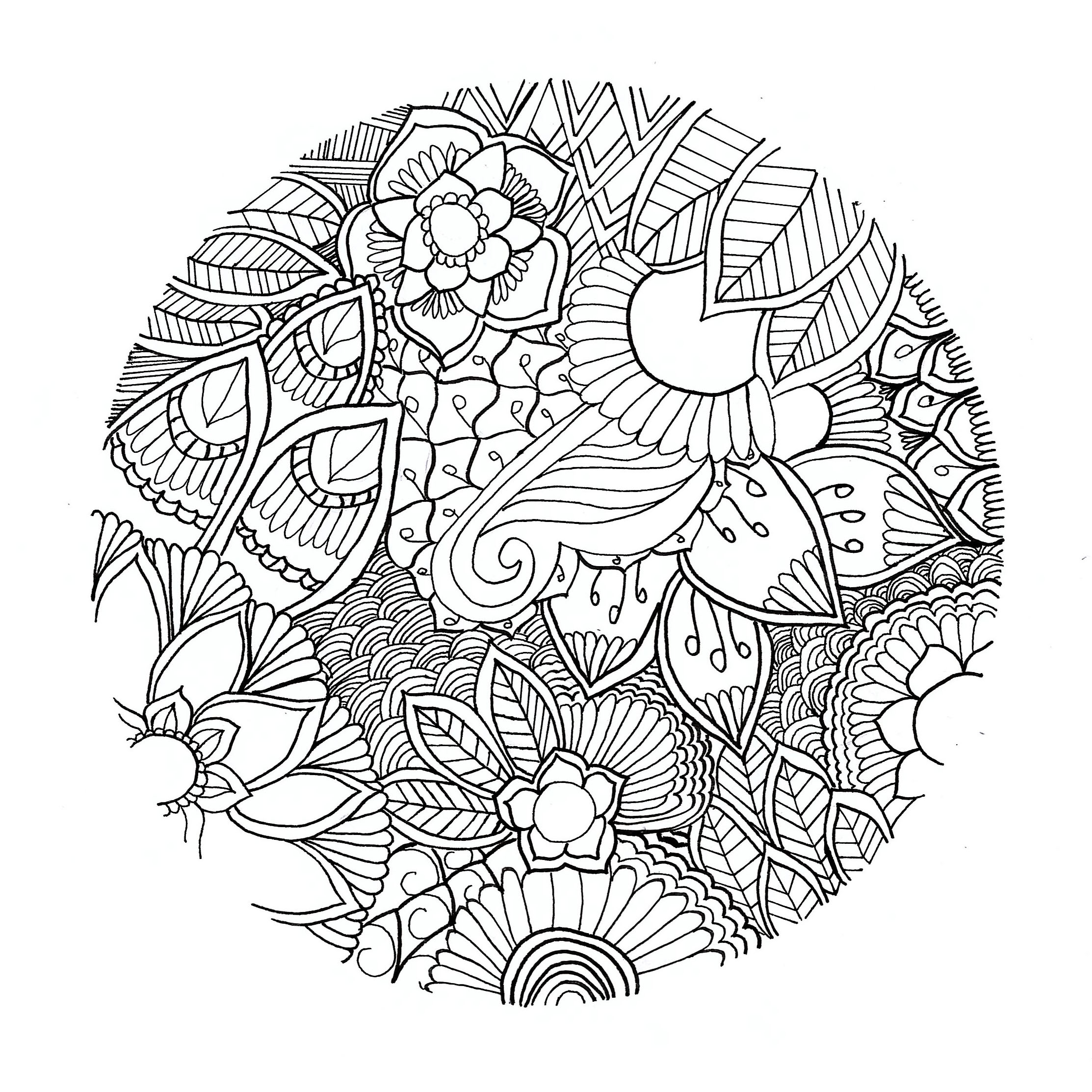 Flowers in a circle. Details relatively easy to color, for a Mandala coloring page very original and of high quality. Feel free to let your instincts decide where to color, and what colors to choose.