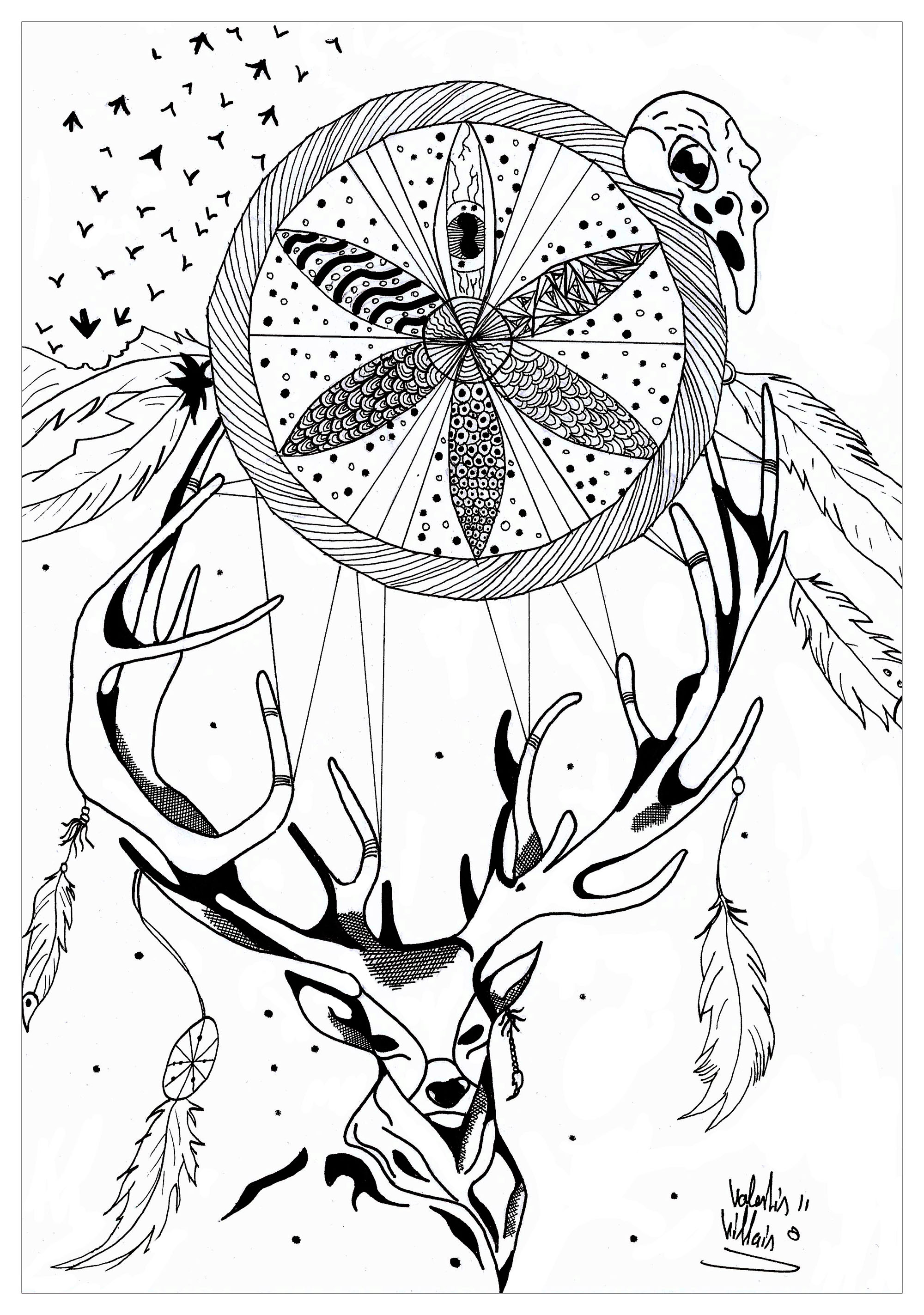 Dreamcatcher mandala with a deer. A Mandala of 'standard' difficulty level, which will be suitable for children and adults who want coloring neither too simple nor too difficult.