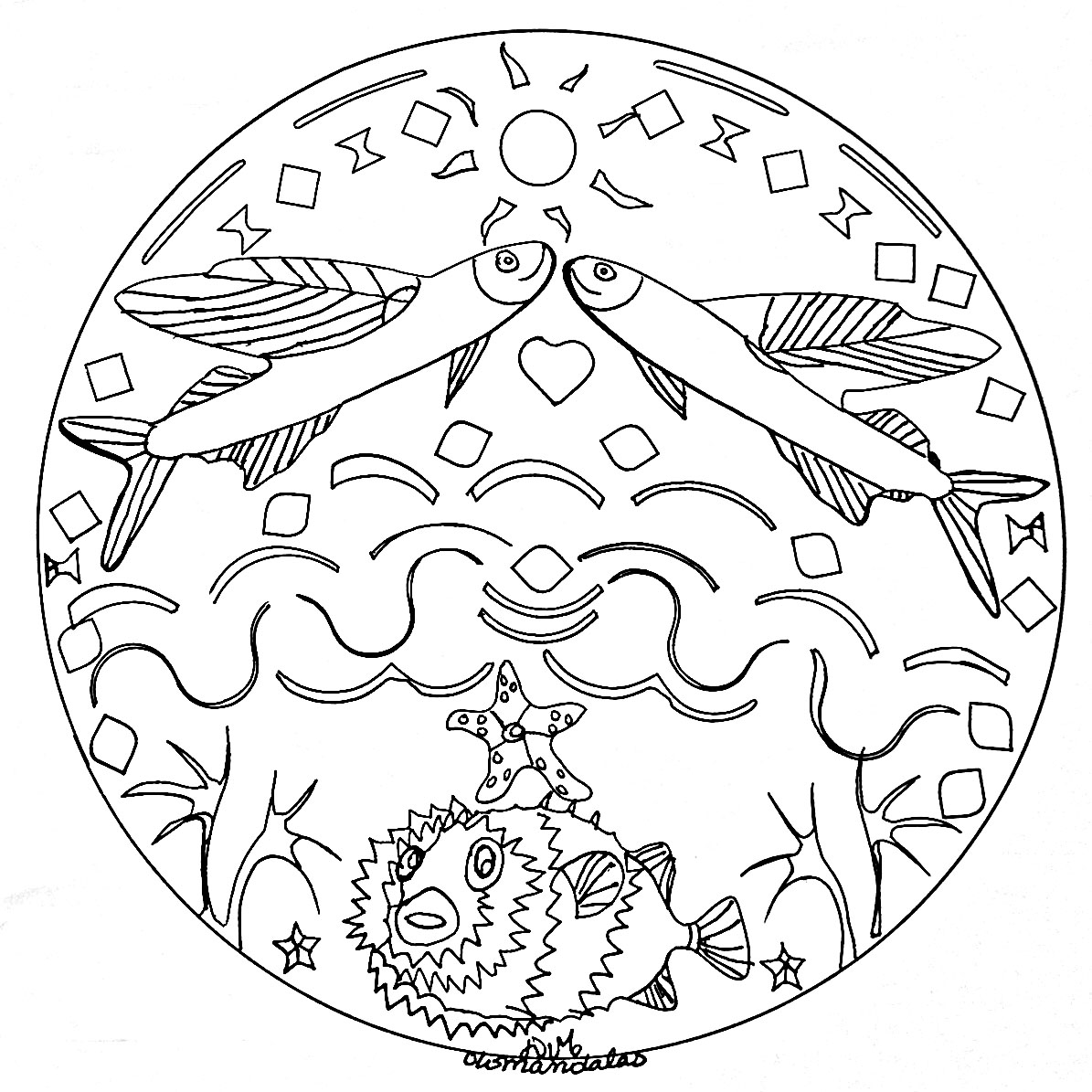 Simple Mandalas : Mandala to print fishes in the sea - 2 Simple Mandalas : Mandala to print fishes in the sea - 2