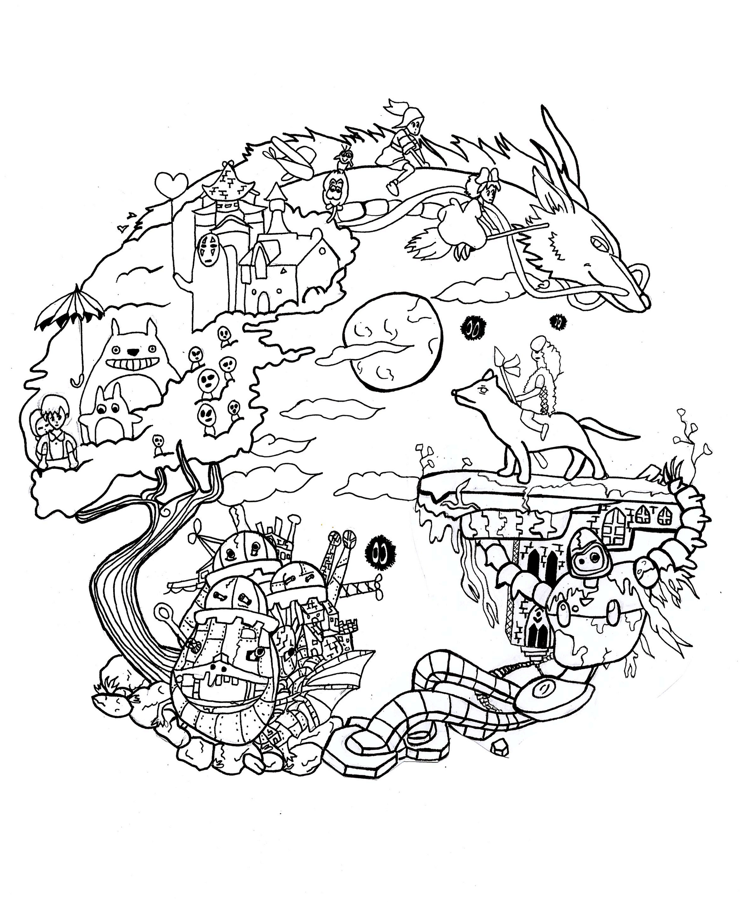 Mandal composed by Studio Ghibli characters (fan art). Details relatively simple to color, for a Mandala coloring page very unique and of high quality. You must clear your mind and allow yourself to forget all your worries and responsibilities.