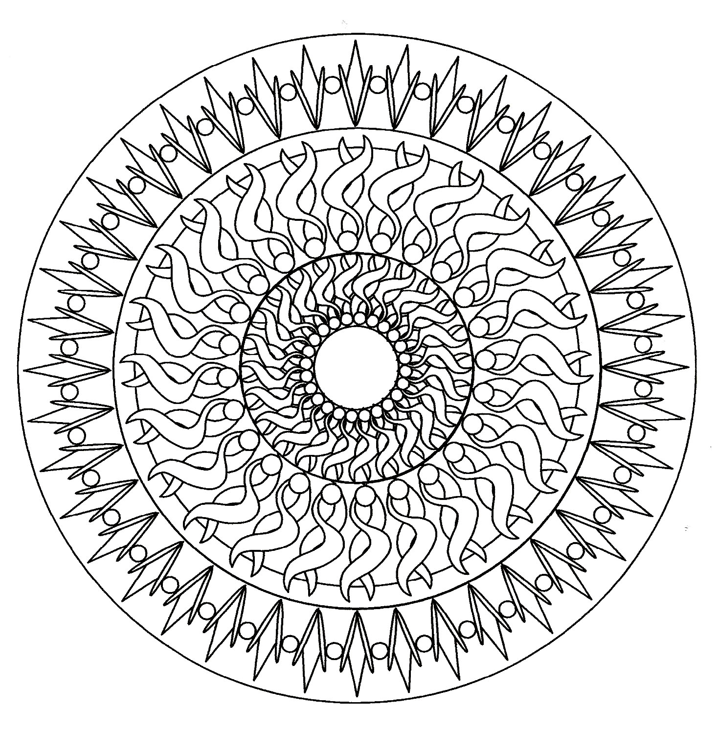 A Mandala out of the ordinary, which will allow you to spend a good time coloring, without complicating your life with too small areas, if it's not what you search for.
