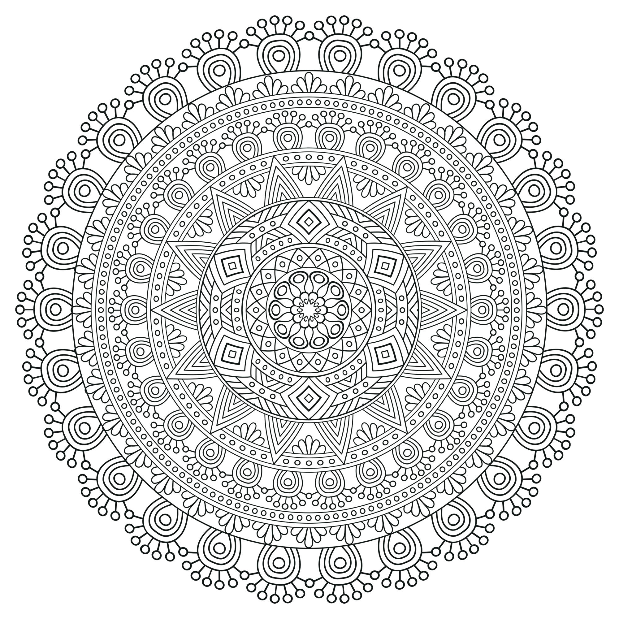 This Mandala coloring page is really very difficult, with all its levels ! Some patterns are repeated, others have small variations, which make it all very intriguing. Courage, you can complete it. We recommend colored pencils, fine tip pens, or gel pens.