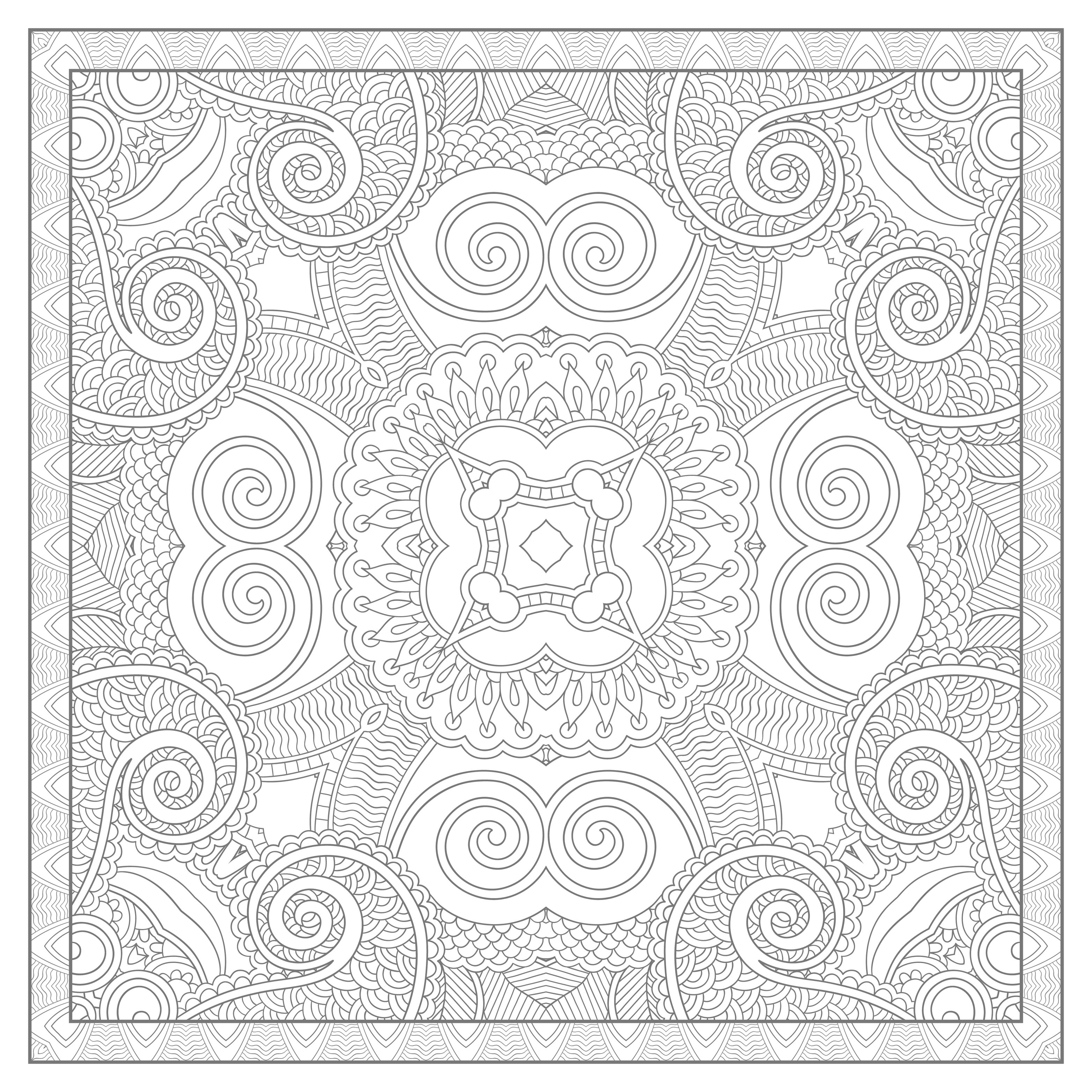 Difficult Square Mandala drawing by Karakotsya, with grey lines. Color this ultra complicated Mandala coloring sheet ! To maximize the stress reduction, silence your cell phone and turn off computer and TV. Thanks to the grey lines, the colors you will use will be even more come out !