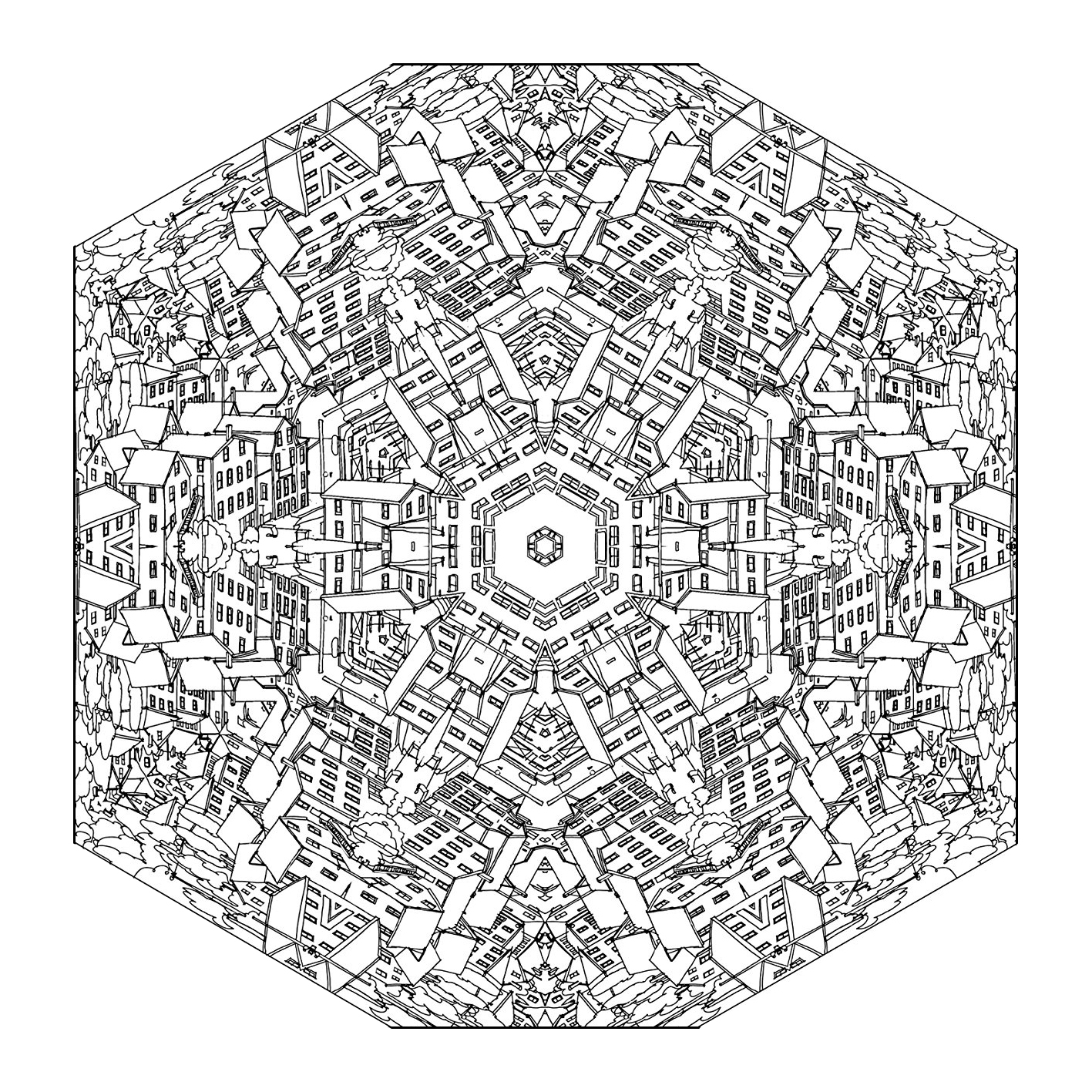 A Mandala for the pros ! High number of small areas making think about cities, streets, houses ... just waiting for colors chosen with artistic sense. Let your mind wander : this step is essential to get the most out of coloring to reduce your stress.