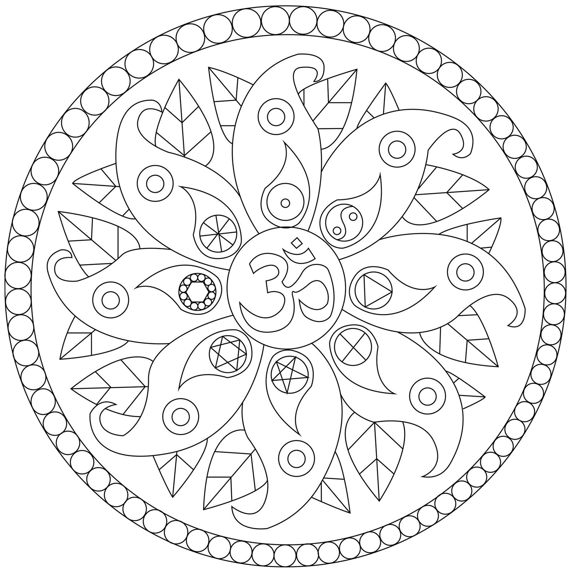 A very cute Mandala coloring page with petals, leaves an various symbols, Artist : Caillou