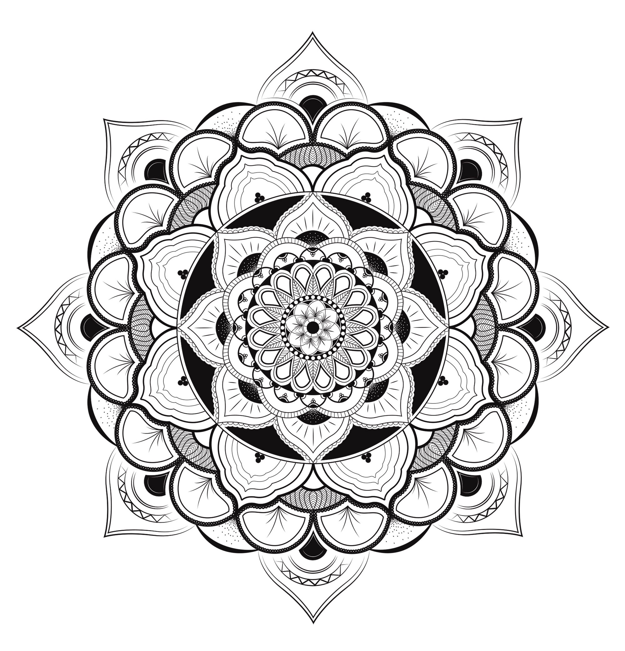 Mandala coloring page very complex, full of details, inspired by Hinduism. Unique Zen & Anti-stress Mandala. Designing and coloring mandalas give you a feeling of calmness.